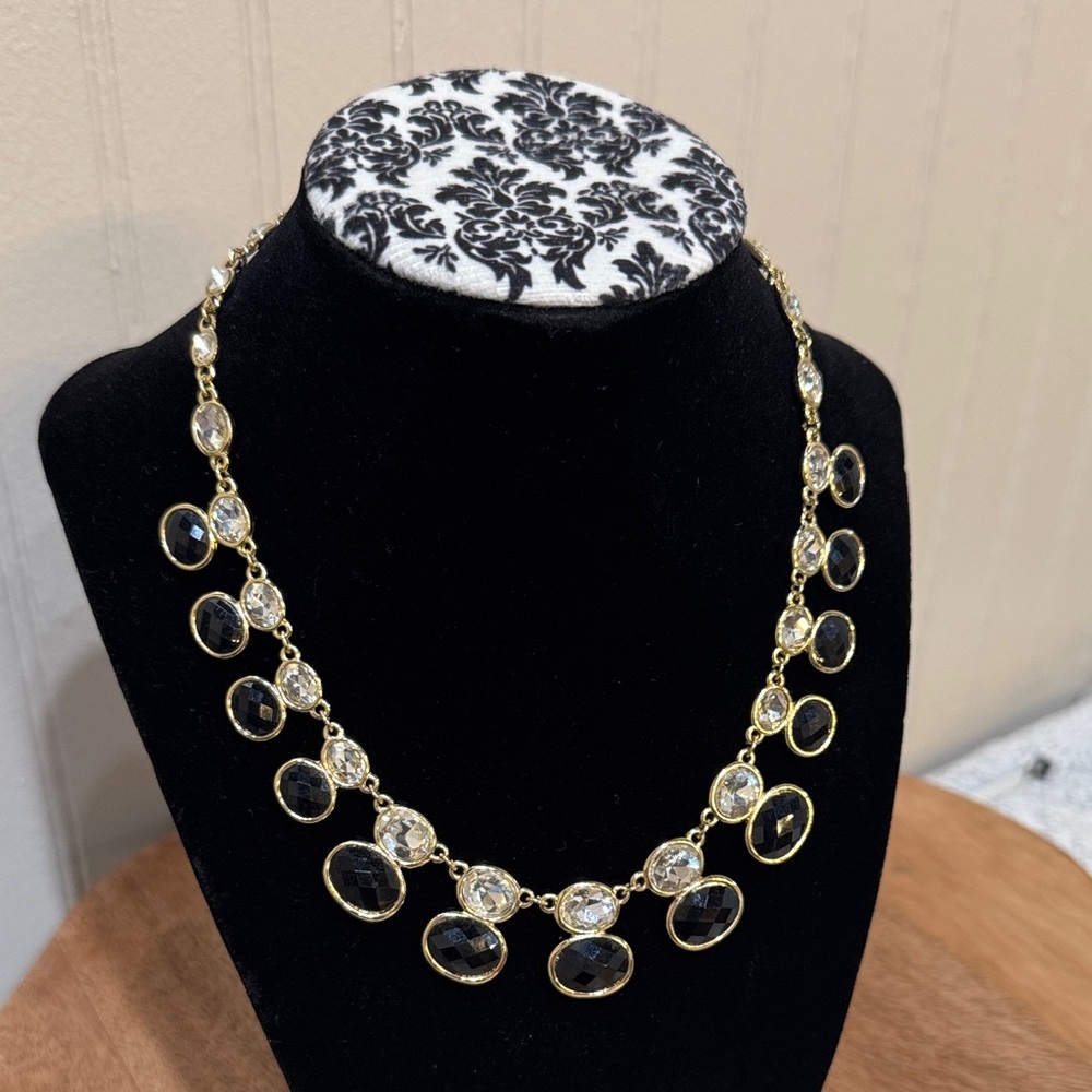 Vintage Gold Tone Necklace with Clear Rhinestones and Black Beads 18" Adjustable